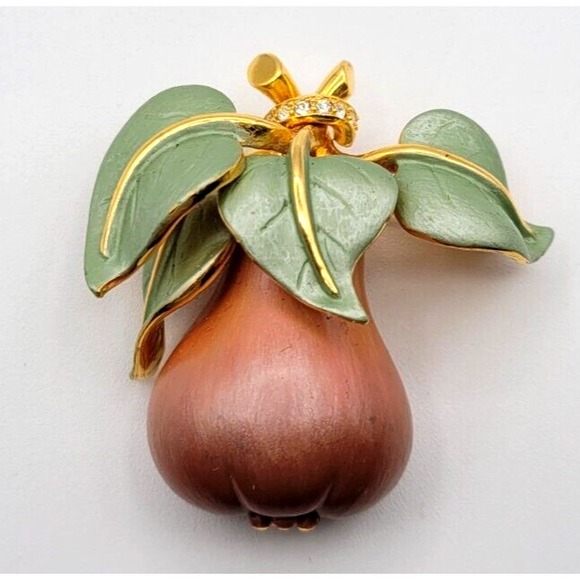 JOAN RIVERS PEAR BROOCH‎ PIN ENAMEL PINK GREEN SIGNED GOLD TONE VINTAGE
